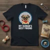 My Human's Best Friend pug t-shirt with sunglasses and bandana, surrounded by paw prints