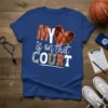 My is on that COURT basketball mom t-shirt design with basketball heart graphic and leopard print accents