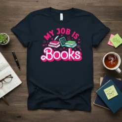 My Job Is Books t-shirt design with pink and teal stacked books and playful typography