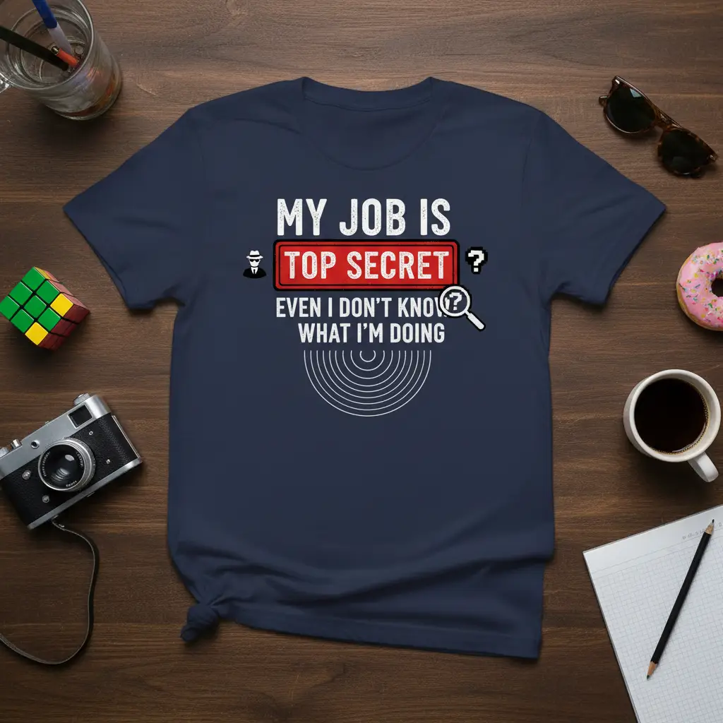 MY JOB IS TOP SECRET EVEN I DON'T KNOW WHAT I'M DOING quote t-shirt with spy graphic