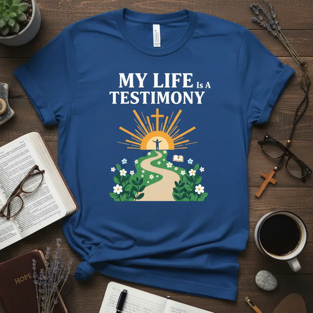 My Life Is A Testimony Christian quote t-shirt with a path leading to a cross and sun graphic