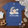 My Little Angel t-shirt design with a baby cherub on clouds surrounded by flowers and text "MY LITTLE ANGEL"