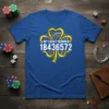 Blue t-shirt with "MY LUCKY NUMBER 18436572" and a gold shamrock graphic