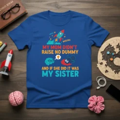 My Mom Didn't Raise No Dummy and If She Did It Was My Sister quote on a blue t-shirt with