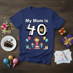My Mom is 40 birthday t-shirt featuring a mom with two kids, cake, balloons, and presents, celebrating a 40th birthday