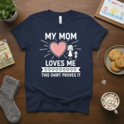 My Mom Loves Me This Shirt Proves It t-shirt design with pink heart and stick figures, navy blue shirt