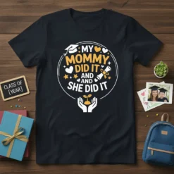 Black t-shirt with white and yellow text "My Mommy Did It And She Did It" and graduation graphics like a
