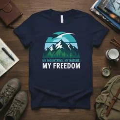 My Mountains My Nature My Freedom t-shirt with mountain and forest graphic, perfect for outdoor enthusiasts
