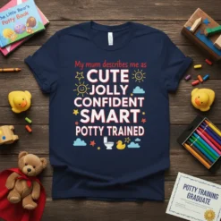 Toddler t-shirt with text "My Mum Describes Me As CUTE JOLLY CONFIDENT SMART POTTY TRAINED" and playful graphics including stars