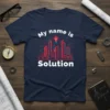 Navy t-shirt with white text "My name is Solution" and a graphic of a city skyline with a lightbulb