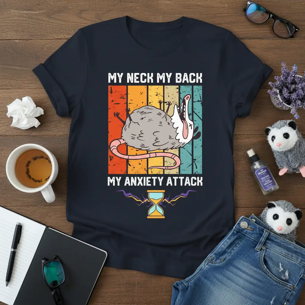 My Neck My Back My Anxiety Attack humorous quote with a distressed possum graphic on a vintage-style t-shirt