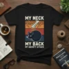 My Neck My Back My Anxiety Attack humorous quote t-shirt design featuring a mouse and spine graphic with lightning accents