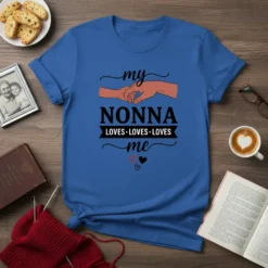 Blue t-shirt with "my NONNA LOVES LOVES LOVES me" text and heart graphics, showing hands holding