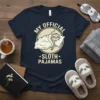 My Official Sloth Pajamas text with a sleeping sloth graphic on a navy t-shirt design