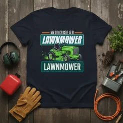 My Other Car Is A Lawnmower T-Shirt with graphic of a green riding lawnmower