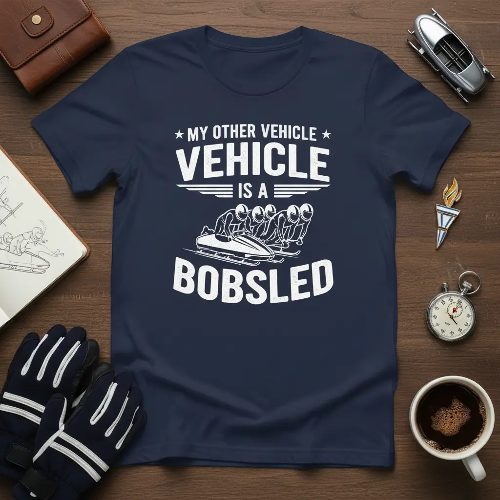 My Other Vehicle Is A Bobsled quote on navy shirt with bobsled team graphic