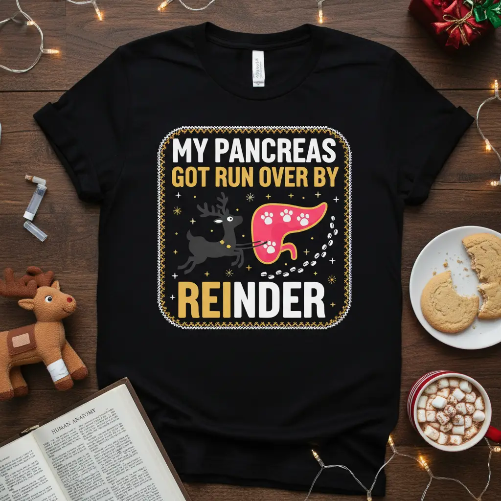 My Pancreas Got Run Over By Reindeer humorous holiday t-shirt featuring a reindeer and a pancreas graphic