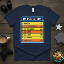 My Perfect Day video game lover t-shirt design with list: Wake Up, Play Video Games, Eat Breakfast, Eat Lunch, Eat