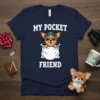 My Pocket Friend t-shirt design featuring a cute chihuahua dog peeking out of a white pocket, with text above and