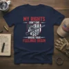 My Rights Don't End Where Your Feelings Begin T-Shirt featuring a rattlesnake coiled around a rifle on a shield with