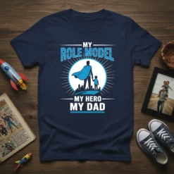 My Role Model My Hero My Dad text with silhouette of a father and son in superhero capes