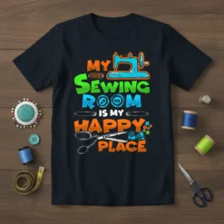 My Sewing Room Is My Happy Place T-Shirt with sewing machine, scissors, and buttons graphic