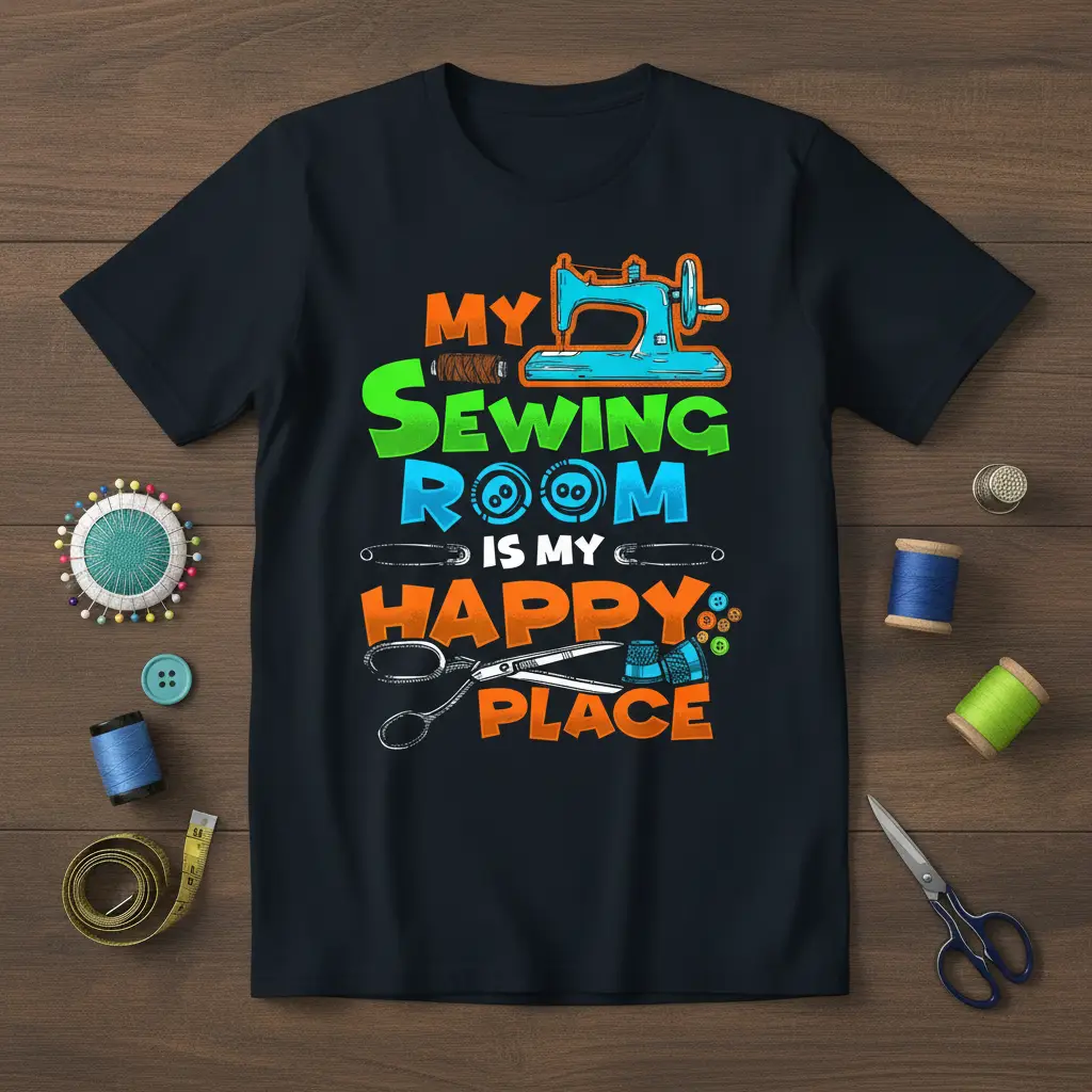My Sewing Room Is My Happy Place quote with sewing machine and scissors graphic on a t-shirt