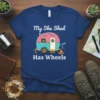 My She Shed Has Wheels t-shirt featuring a cute camper illustration, campfire, and telescope graphic