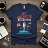 Navy t-shirt with "MY SIDE HUSTLE Marketing" text, rocket graphic, laptop, and smartphone icons