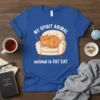 Blue t-shirt with white text "MY SPIRIT ANIMAL animal is FAT CAT" and illustration of a sleeping orange cat on