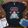 My Students Axolotl Questions t-shirt design featuring a cute axolotl in a science flask surrounded by books and question marks