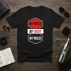 Black t-shirt with "My Style My Body My Rules" in bold white and red text within hexagonal frames