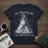 My TBR Will Be The Death Of Me quote t-shirt with a skeleton sitting on a pile of books under