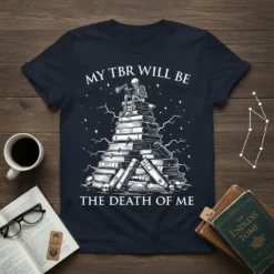 My TBR Will Be The Death Of Me quote t-shirt with a skeleton sitting on a pile of books under
