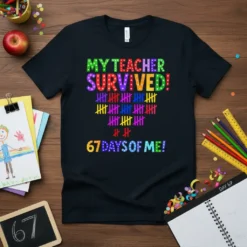 Black t-shirt with "MY TEACHER SURVIVED! 67 DAYS OF ME!" in colorful text and tally marks representing 67 days
