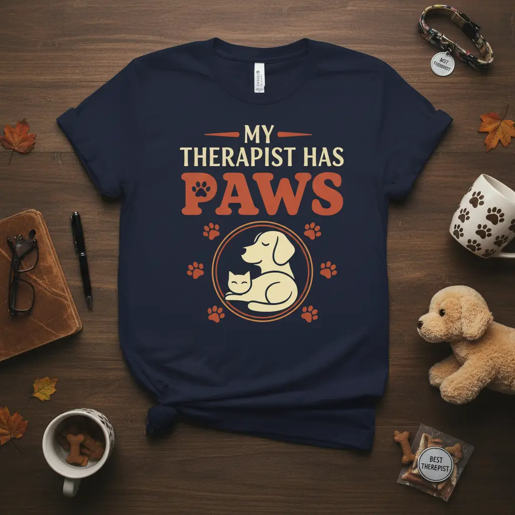 My Therapist Has Paws quote t-shirt design with playful dog and cat graphic