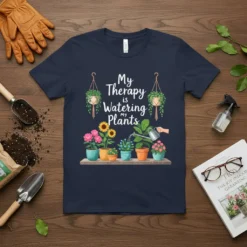 T-shirt design with text "My Therapy is Watering My Plants" and colorful potted plants being watered
