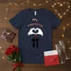 Navy t-shirt with "My valentine" text, white heart hands graphic, and couple silhouette