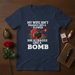 My Wife Isn't Fragile Like A Flower She Is Fragile Like A Bomb quote t-shirt with rose and bomb graphic