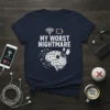 My Worst Nightmare t-shirt design showing a brain with low battery and no service symbols, representing tech burnout