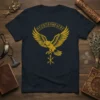 Viking raven graphic with MYORNRNPHRGR text in gold on a navy t-shirt, Norse mythology design
