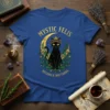 Mystic Felis Botanica Nocturna text with black cat on moon and botanical design on blue t-shirt