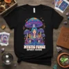 Mystic Fungi Spirit Guide t-shirt with a colorful psychedelic mushroom design featuring a woman with flowing hair