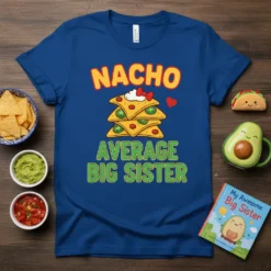 Nacho Average Big Sister t-shirt with stack of nachos graphic and red heart