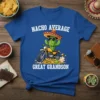Nacho Average Great Grandson t-shirt featuring a cactus wearing a sombrero riding a motorcycle surrounded by nachos and guacamole