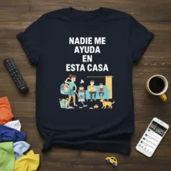 Nadie Me Ayuda En Esta Casa T-Shirt with a funny graphic of a woman doing chores while family relaxes on
