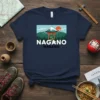 Nagano Nagano t-shirt design with Mount Fuji, torii gate, and pine trees, representing Japanese travel and heritage