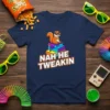 Nah He Tweakin t-shirt with a cartoon squirrel wearing sunglasses sitting on colorful blocks
