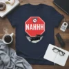 Nahhh stop sign t-shirt design featuring a black cat relaxing in a hammock with sunglasses and a crossed-out alarm clock