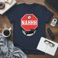 Nahhh stop sign t-shirt design featuring a black cat relaxing in a hammock with sunglasses and a crossed-out alarm clock